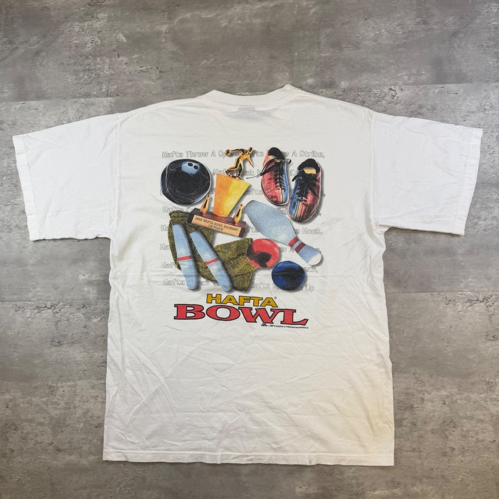 Vintage 1998 Hafta Bowl Bowling Graphic T-Shirt HL Miller Gold Mens Large White